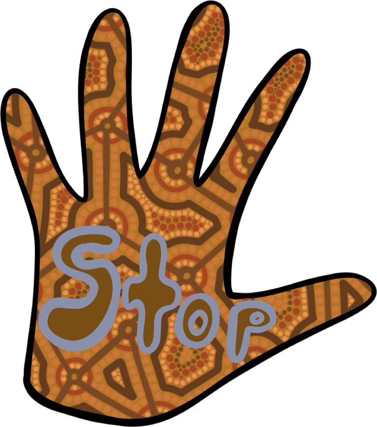 A drawing of a hand using the stop gesture with a decorative pattern and the word ‘Stop’ written on the palm.