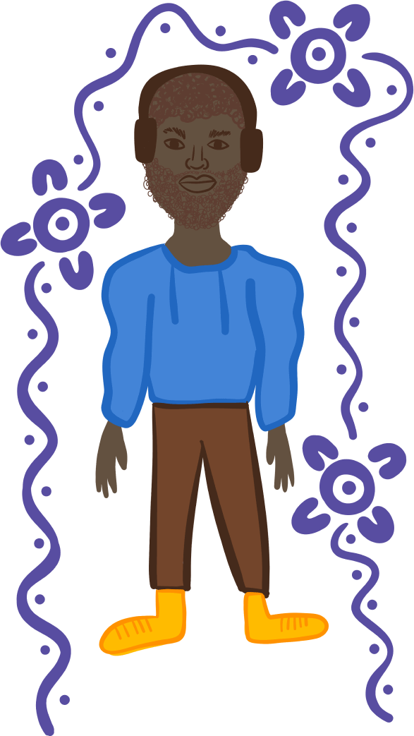 A drawing of a person wearing a blue top and brown pants with yellow shoes. They have black headphones on brown curly hair and facial hair. There is a blue decorative pattern surrounding the person.