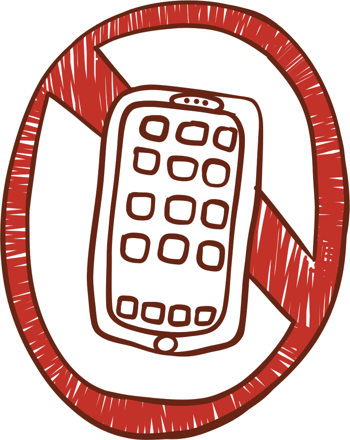A drawing of a no symbol with a mobile device in the middle.